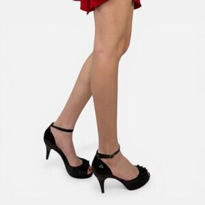 Fergalicious Black Ruffle Peep Toe Ankle Strap D'Orsay Coquette Heels Sz 8.5